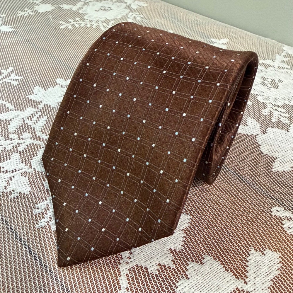 DKNY Necktie Mens OS Brown Excellent Silk Geometric‎ Grid Dotted Made in USA